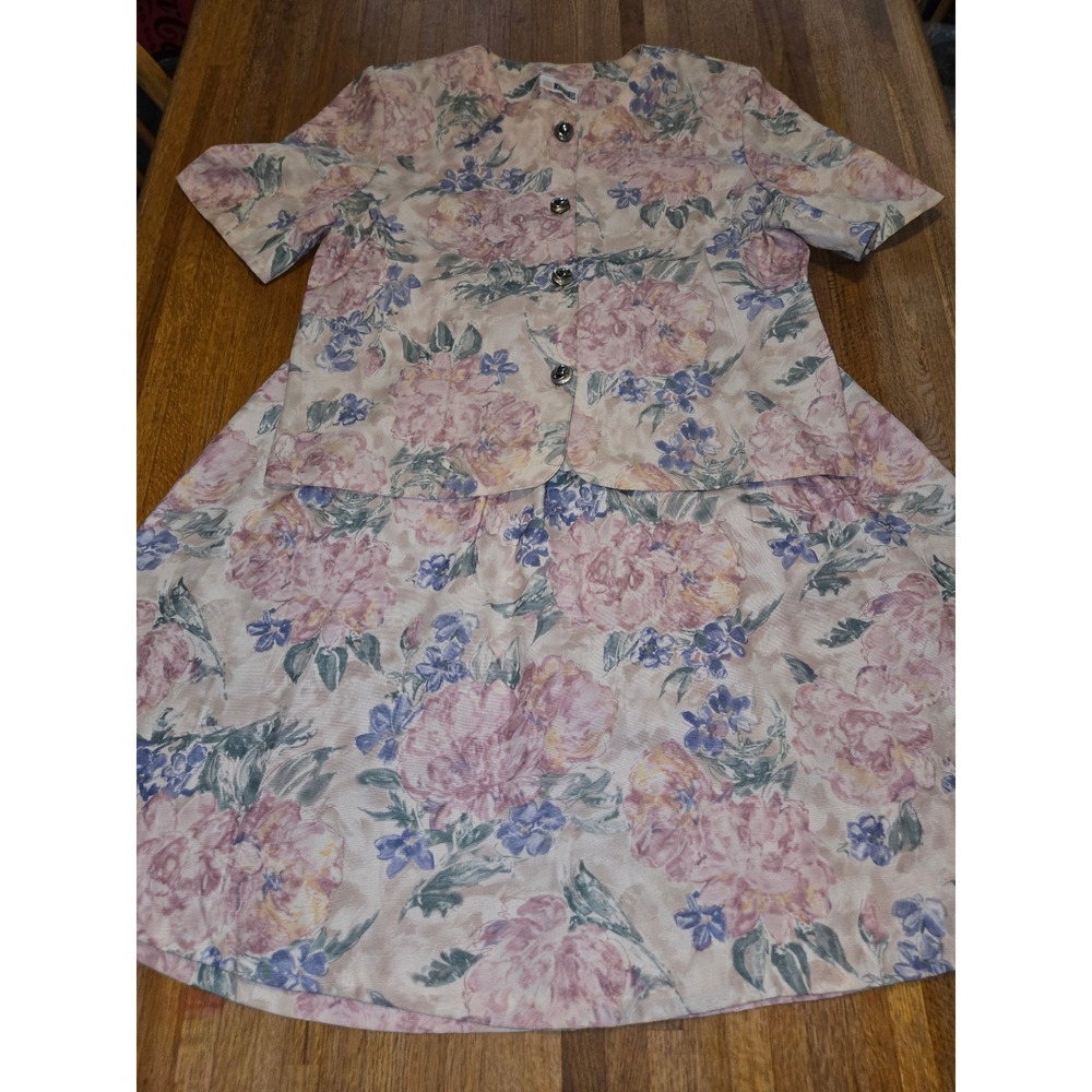 Vintage Inseparables Womens 12 2pc Pink Lavender Floral‎ A-line Skirt Blazer Set